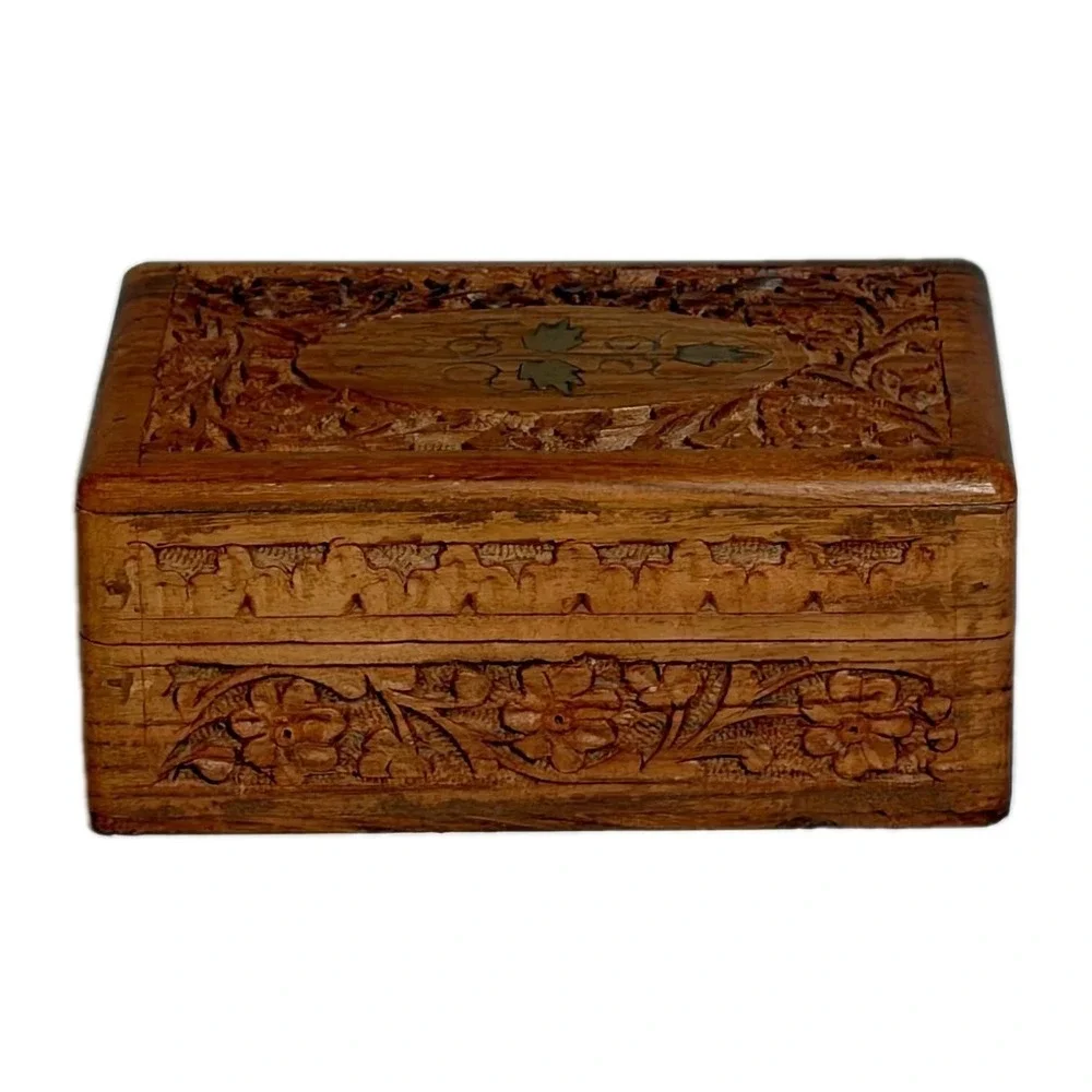 Carved Hinged Wooden Floral Trinket Box, Brown Rectangle Decorative Box